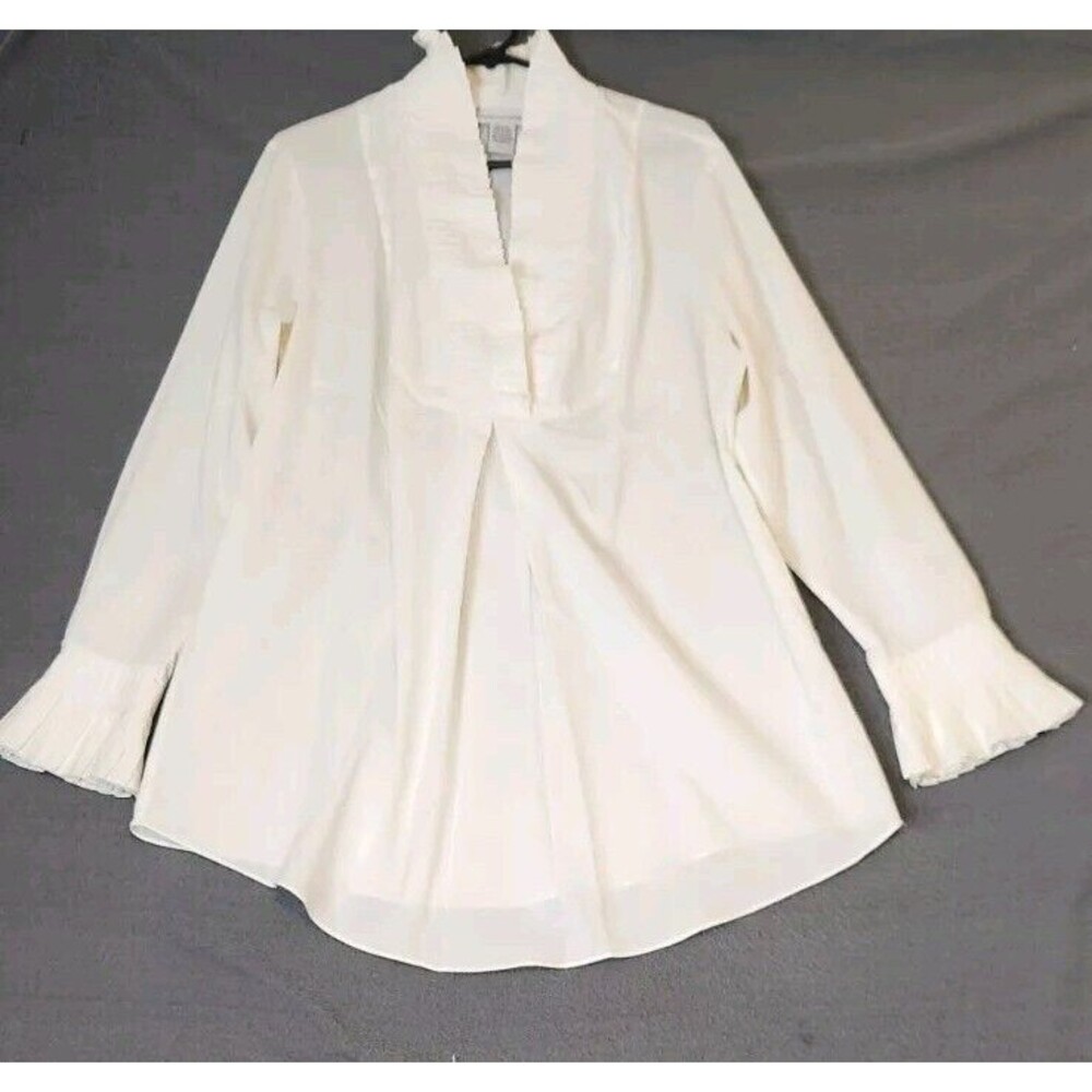 Soft Surroundings Elegant White Ruffle Neck And Cuff Women's Blouse